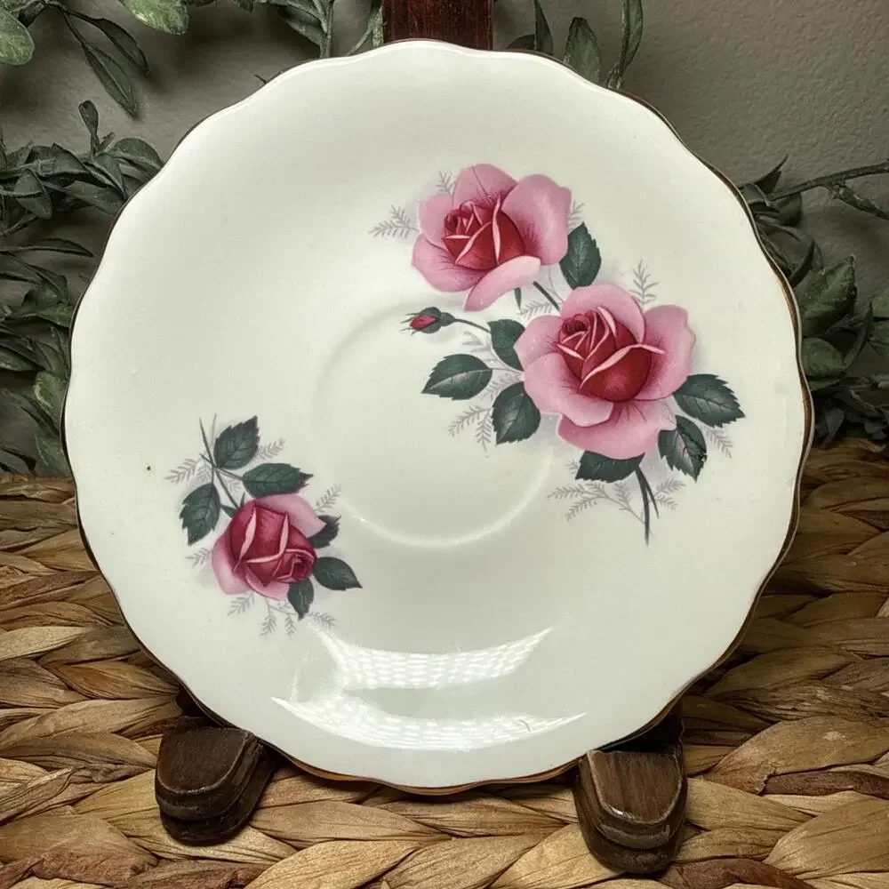 Royal Dover Bone China Saucer Pink Roses England Vintage Scalloped Floral 5.5